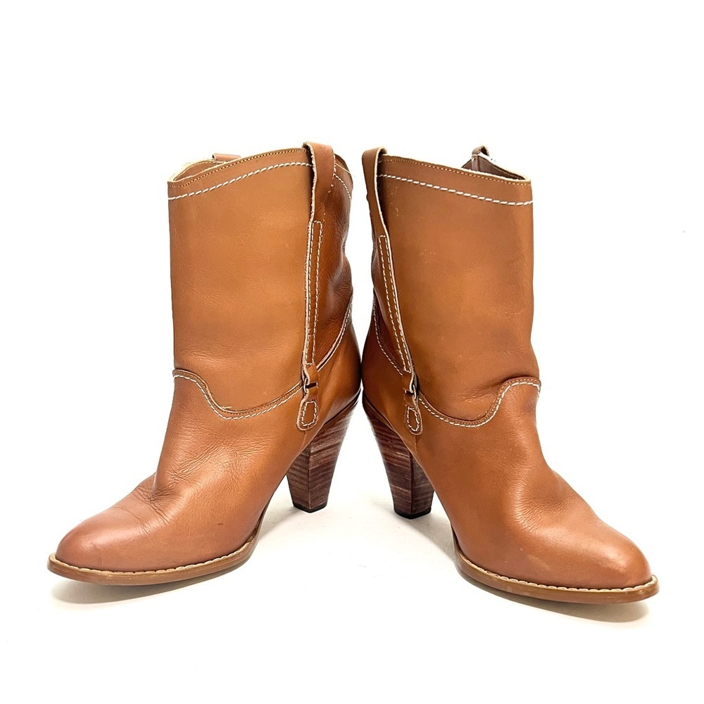 Vintage 1970s tan leather wooden stacked heel western pull on ankle boots - Picture 5 of 9